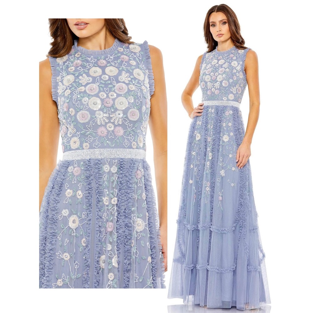 NWT Mac Duggal Embellished High Neck Sleeveless Ruffled Gown - Size 14